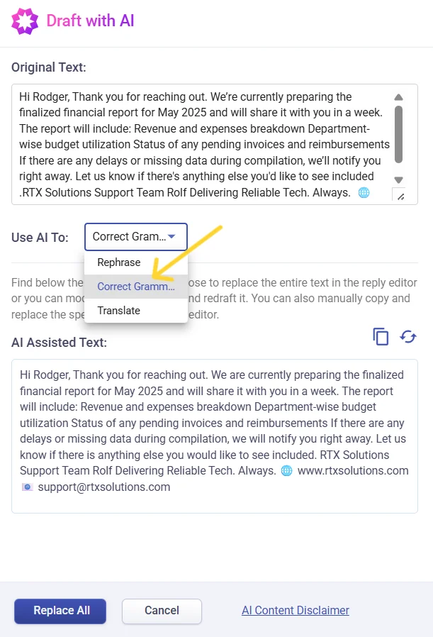 correct-grammar-using-draft-with-ai-option