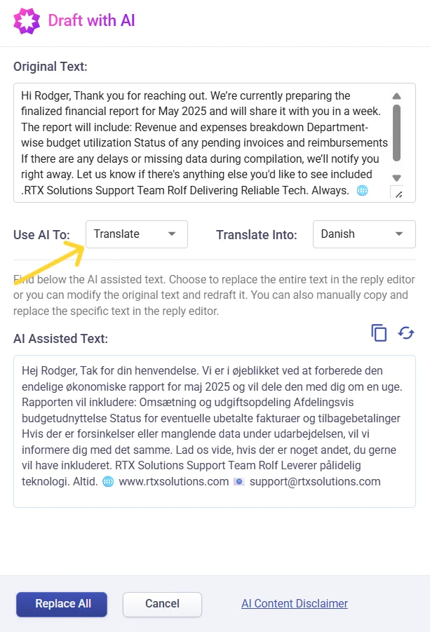 desk365-translate-option-draft-with-ai-feature