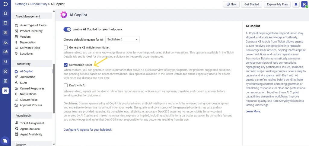 enabling-summarise-ticket-feature-desk365-ai-agent