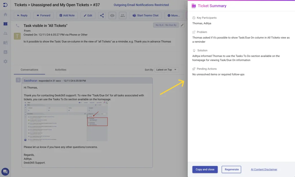 summarize-ticket-details-using-ai-actions-desk365