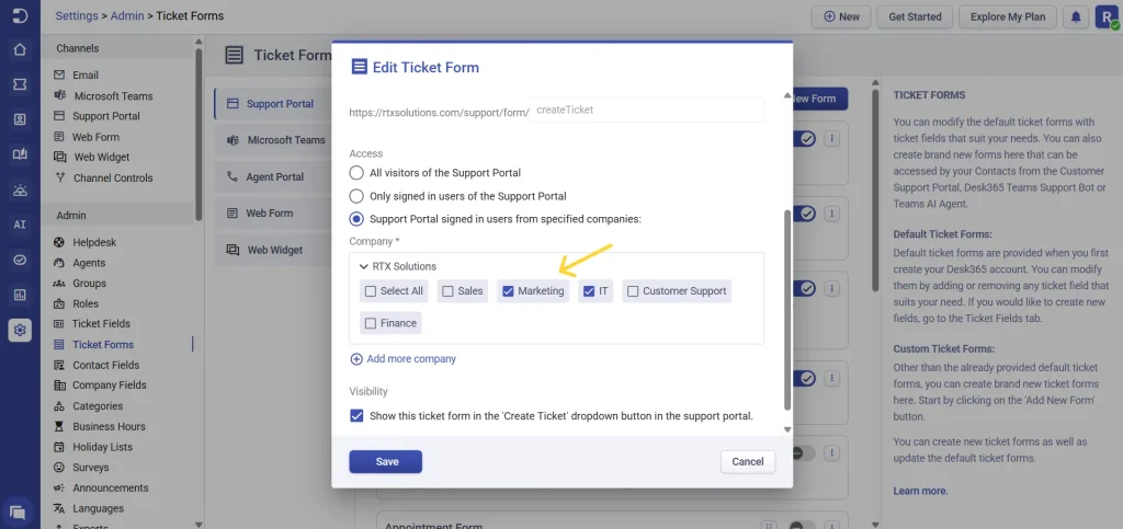 Configuring department visibility in ticket forms