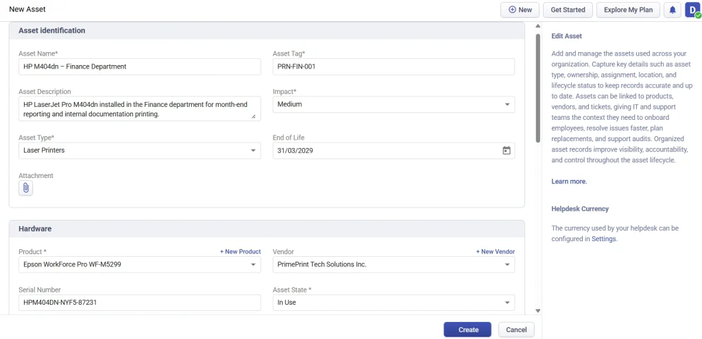 Creating an asset in Desk365