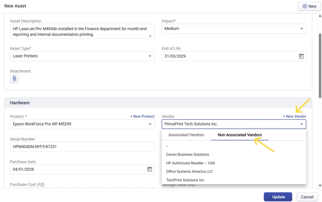 Creating new vendor and adding non associated vendor in Desk365