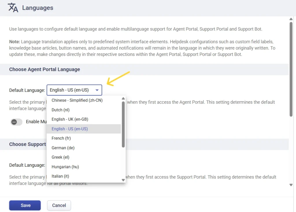 choosing-the-default-agent-portal-language-desk365