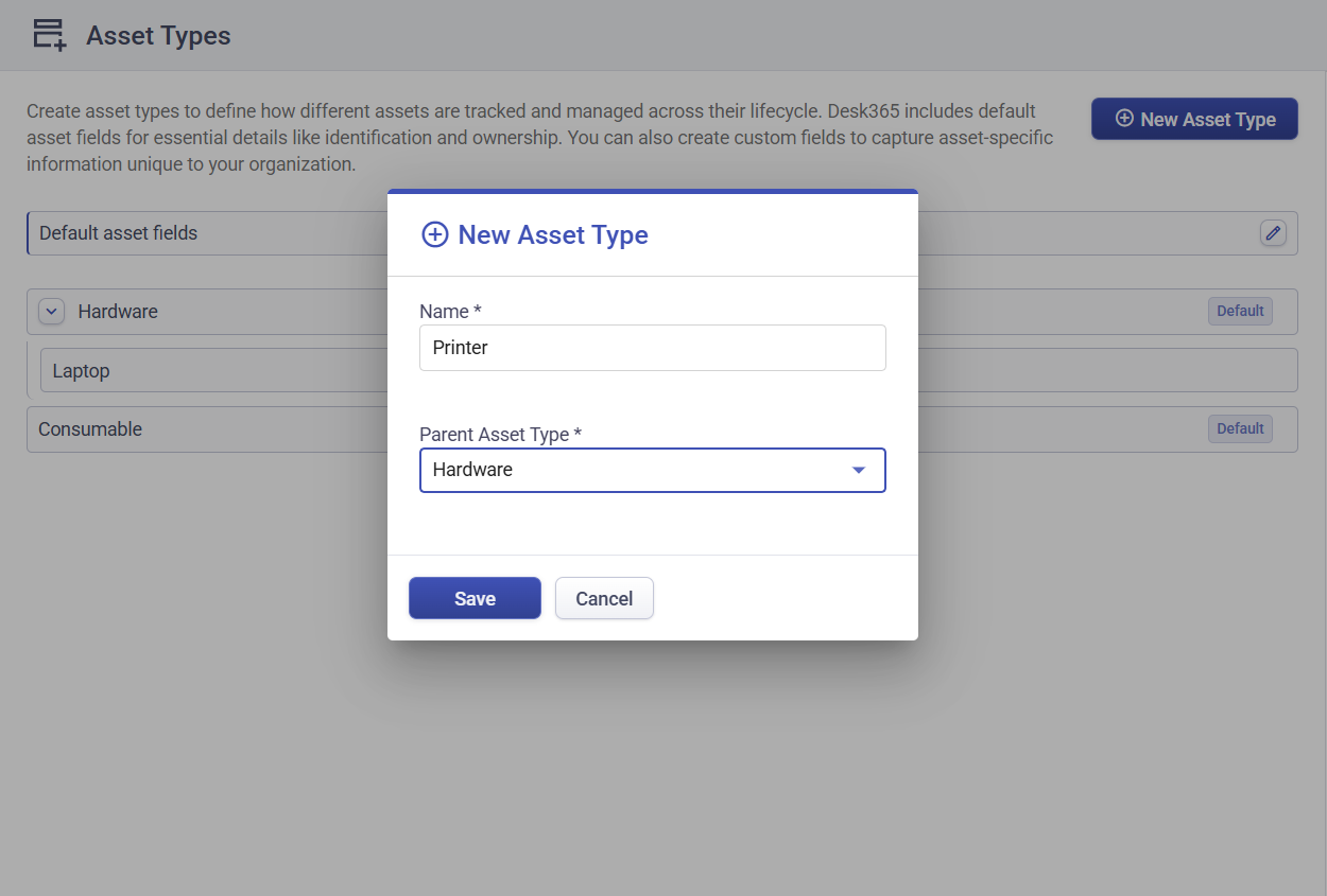 Setting Up Asset Types and Fields in Desk365