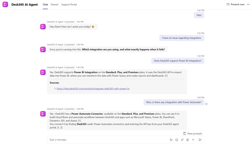 Desk365 Teams AI Agent answering a question based on a knowledge base article