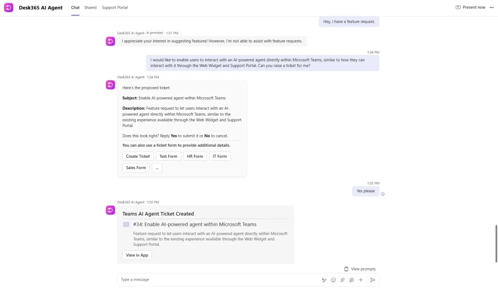 Desk365 Teams AI Agent creating a support ticket