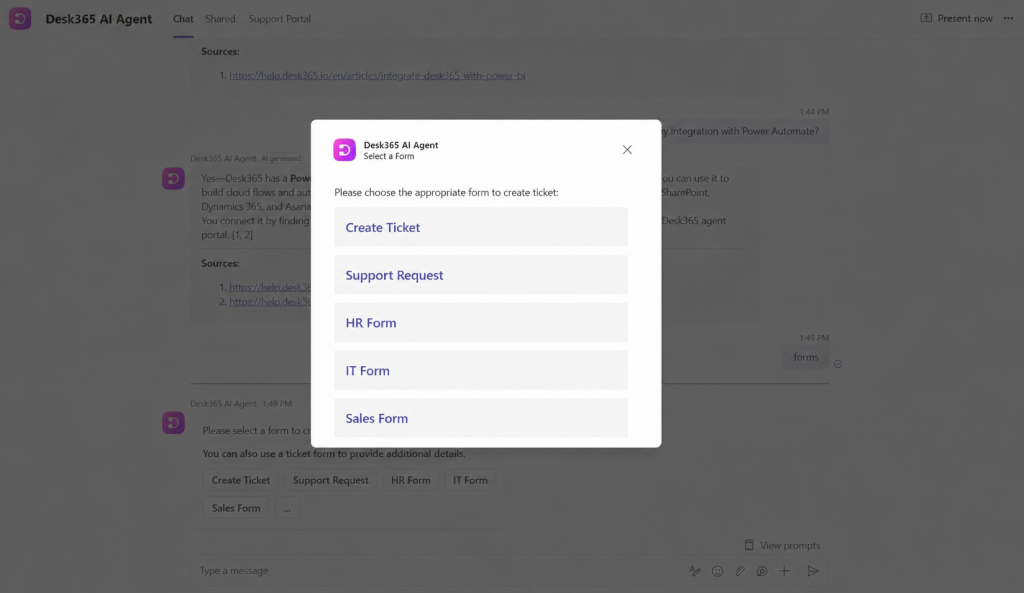 Desk365 Teams AI Agent creating a support ticket via a customizable ticket form