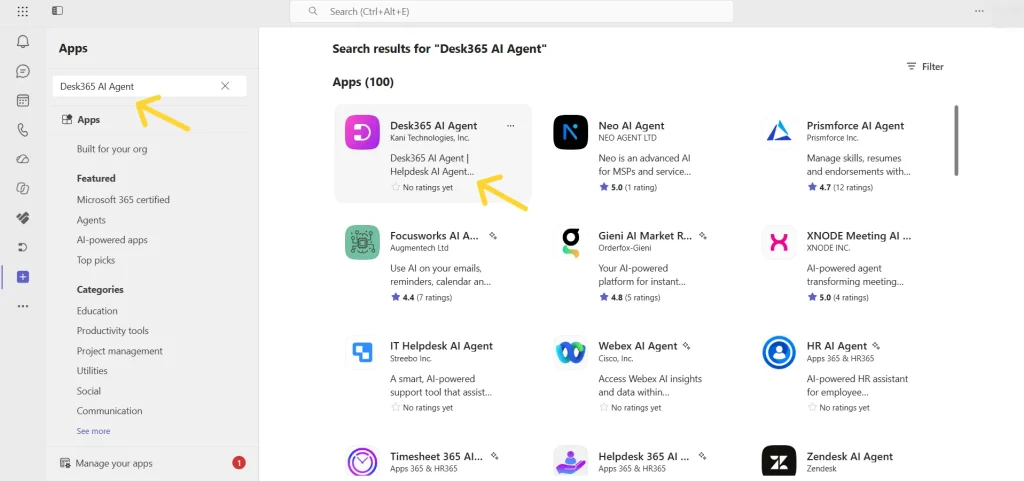 selecting-desk365-ai-agent-in-microsoft-teams